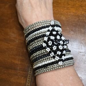 Elegant Black and White Beaded Cuff Bracelet